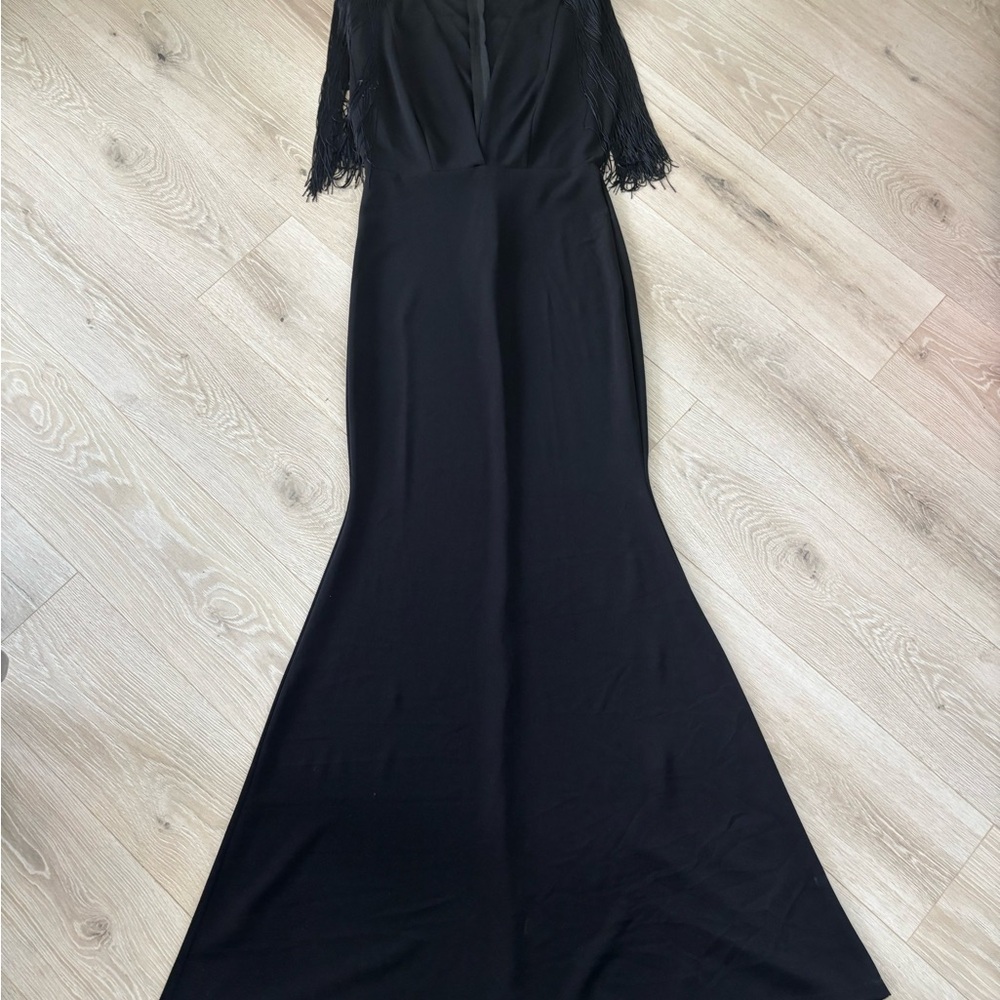 Black western formal maxi dress with fringe sleeves